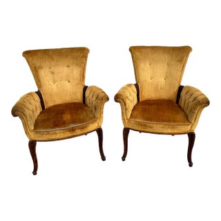 1940s-50s Pair of Golden Velvet Hollywood Regency Button Back Chairs With Wood Accents For Sale