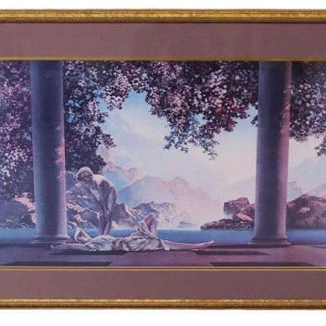 Modern "Daybreak" artwork printed under glass, features a serene scene with a reclining woman and a standing girl set...