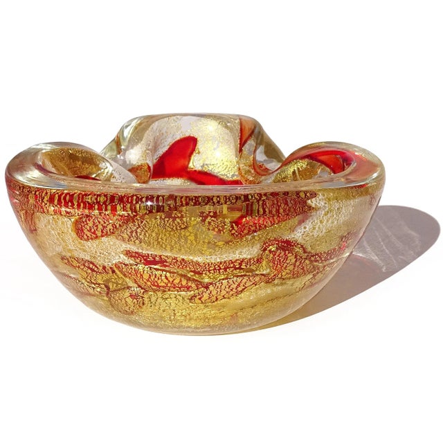 Mid 20th Century Vintage Barovier Toso Murano Heavy Gold Flecks Ruby Red Vines Italian Art Glass Ashtray Bowl For Sale - Image 5 of 9