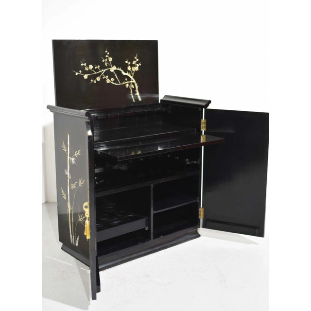 Wood Mid Century Chinoiserie Altar Mother of Pearl Flip Top Liquor Bar For Sale - Image 7 of 12