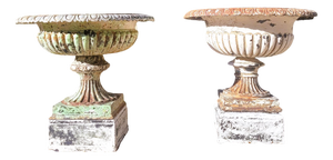 Large Cast Iron Garden Vases on Bases, 19th Century, Set of 2