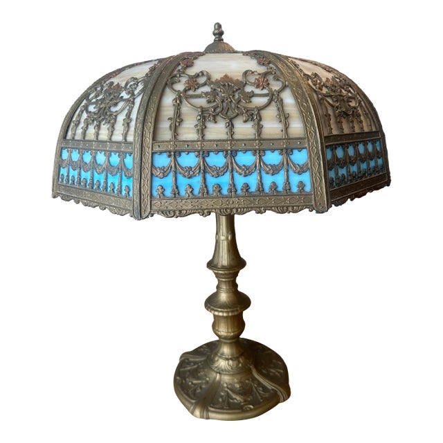 Antique n.w. Art Shade Co. Slag Glass Table Lamp For Sale