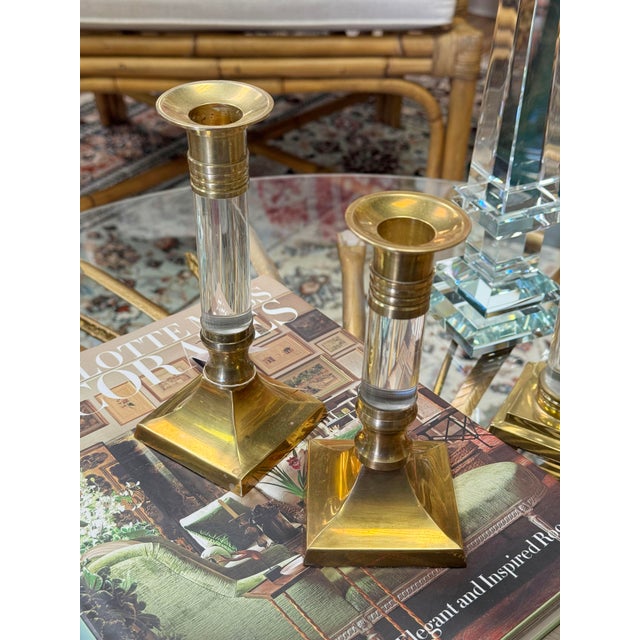 Brass and Acrylic Candlestick Holders - A Pair For Sale - Image 4 of 4
