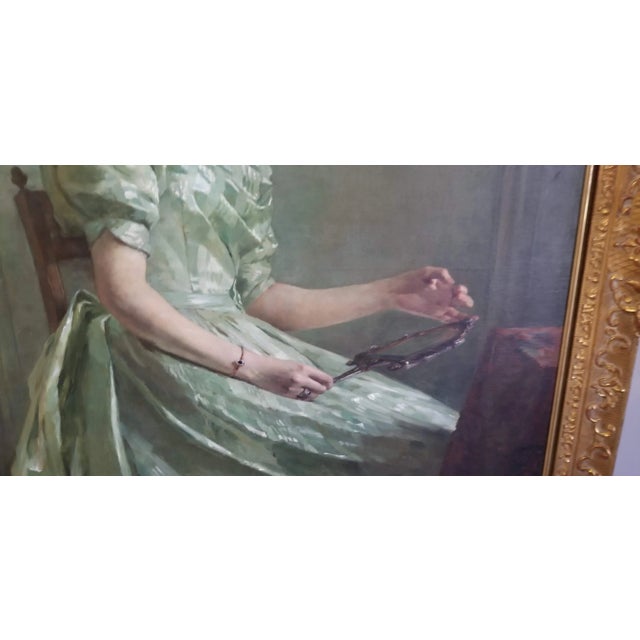 Beaux-Arts 1890 Berthe Burgkan Signed Framed Antique Portrait Woman Oil on Canvas Painting For Sale - Image 3 of 7