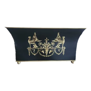 1980s Vintage Metal Toleware Cachepot in Black and Gold, Centerpiece Planter