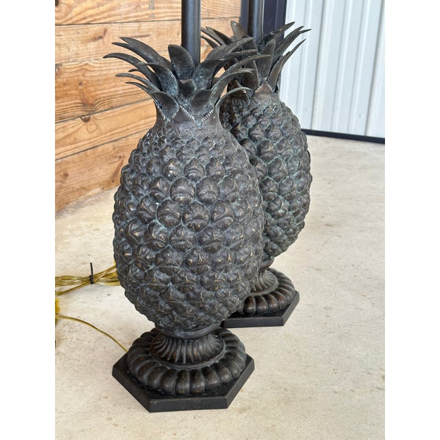 Theodore Alexander Bronze Patinated Pineapple Table Lamps With Leather