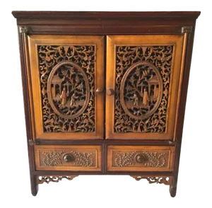 1880s Asian Carved Wood Box with Drawers