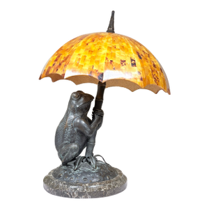 Late 20th Century Maitland-Smith Figural Frog Umbrella Lamp-Stone Based-Mosaic Shade-Sculptural Lighting