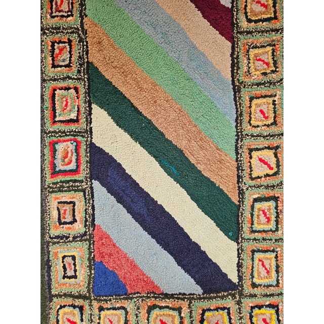 19th Century Vintage Hand-Hooked Rug, Stripe Pattern, Wool & Cotton, American Folk Art, 2x3 For Sale - Image 5 of 12