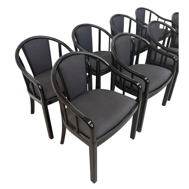 This listing is for a set of eight Vintage Italian Modern Black Lacquered Dining Chairs. Elevate your dining space with...