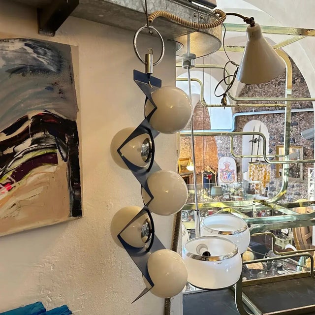 1970s Space Age Blue Metal and White Glass Italian Pendant For Sale - Image 6 of 11