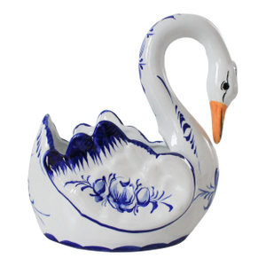Vintage Blue & White Hand Painted Portuguese Ceramic Swan Planter