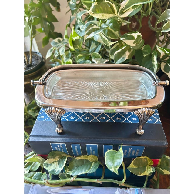 Poole Silver Co. Vintage Poole Silver Co Roll Top Footed Butter Dish With Glass Liner For Sale - Image 4 of 8