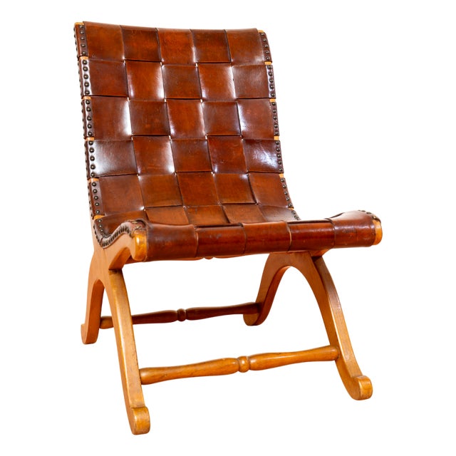 Mid-Century Cigar Leather Strap Slipper Lounge Chair attributed to Pierre Lottier for MCM, 1960s For Sale