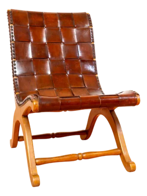 Mid-Century Cigar Leather Strap Slipper Lounge Chair attributed to Pierre Lottier for MCM, 1960s