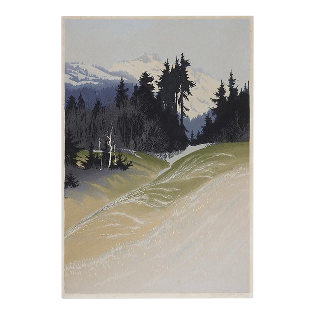 1933 Mountain Landscape Colored Woodcut For Sale
