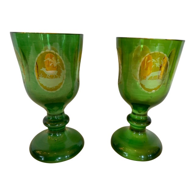 Antique Czech Bohemain Overlay Glass Goblets -A Pair For Sale