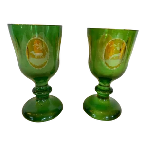 Antique Czech Bohemain Overlay Glass Goblets -A Pair