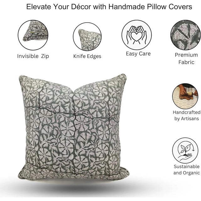 Art Deco Fabdivine Handblock Print Cushion Cover 22x22 Inch Off-White Linen-Rudraksh For Sale - Image 3 of 3
