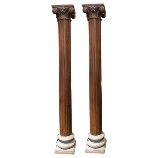 19th Century Italian Architectural Corinthian Wood Columns on Sandstone Plinths, Set of 2 For Sale