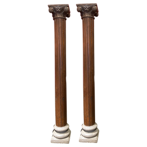 19th Century Italian Architectural Corinthian Wood Columns on Sandstone Plinths, Set of 2