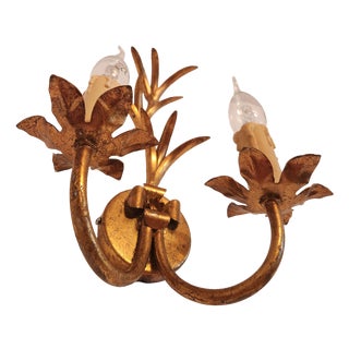 Italian Floral Hand-Forged Gilded Florentine Wall Lamp, 1950s For Sale