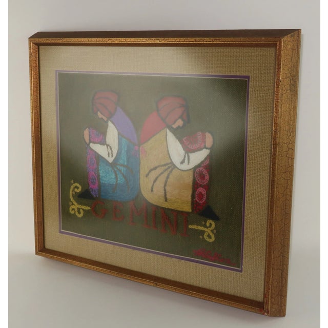 Framed Mod Zodiac Gemini Twins Crewel Work Needlepoint, 1970's For Sale In Atlanta - Image 6 of 9