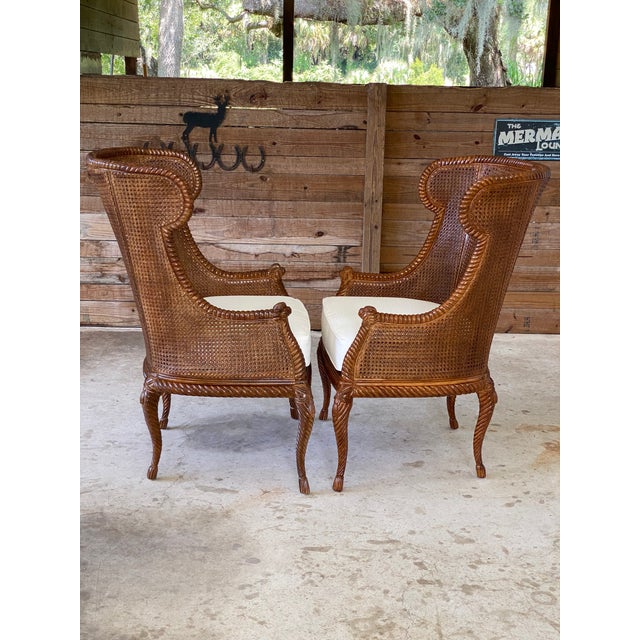 Pair of Rope Tassel Double Caned Carved Wood Wingback Chairs Chairish