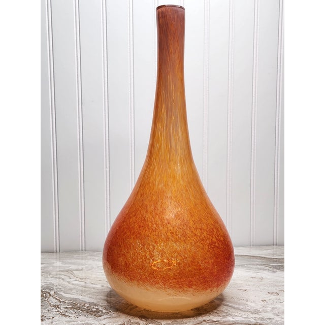 1960s Large Mid-Century Modern Hand-Blown Art Glass Vase Amber, Cream & Aubergine Rim 16” For Sale - Image 5 of 12