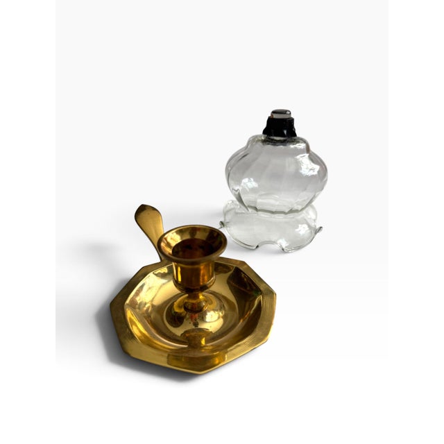 Vintage Brass Chamberstick Candle Holder With Ruffled Glass Hurricane Shade For Sale - Image 4 of 5