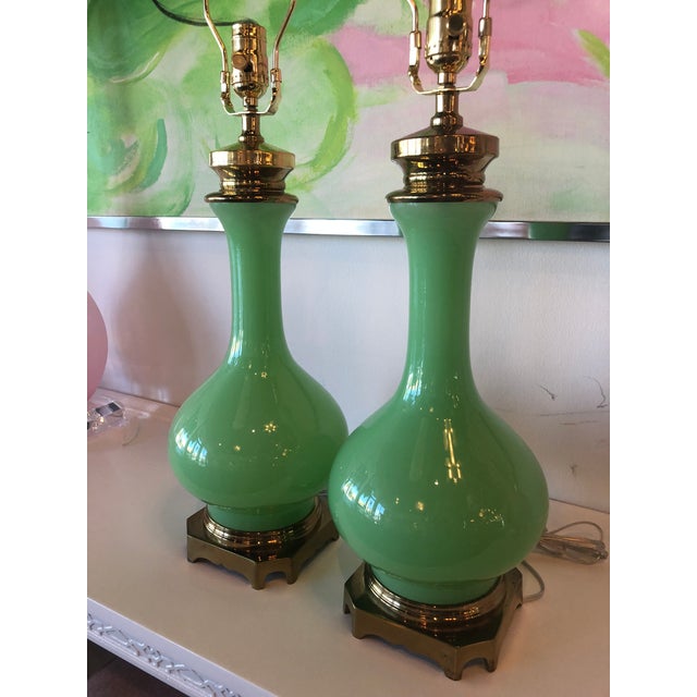 Vintage Paul Hanson Green Jadeite Glass, Brass Table Lamps A Pair
