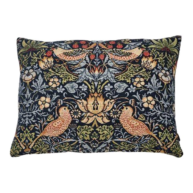 Strawberry Thief Navy Tapestry Cushion With Feather Filler - 33x46cm (15"x18") For Sale