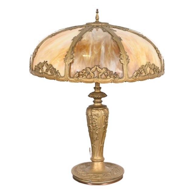 Antique Art Nouveau Slag Glass Table Lamp in the Manner of Handel, Circa 1920s For Sale
