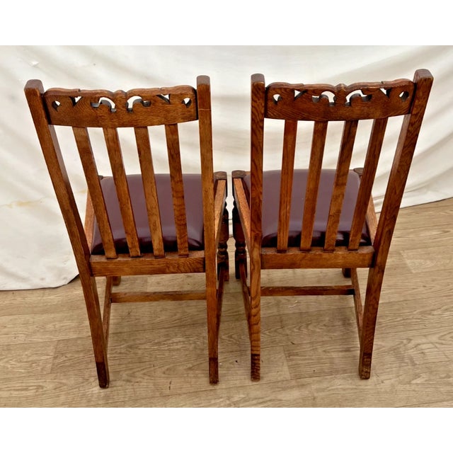 Early 20th Century Antique Oak Side Chairs Set of Two Arts & Crafts Carved Spindle Back Vinyl Seats For Sale - Image 5 of 10