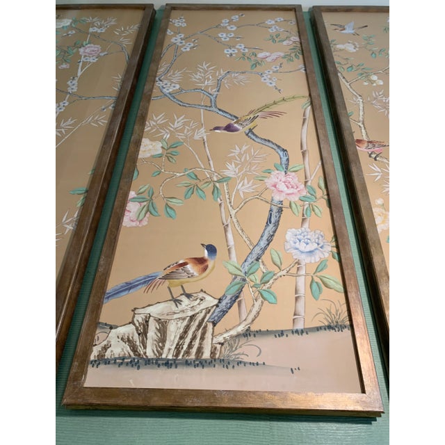 Vintage mid 20th century French wall covering framed by four antique wood panels. Distressed sage green paint finish on...