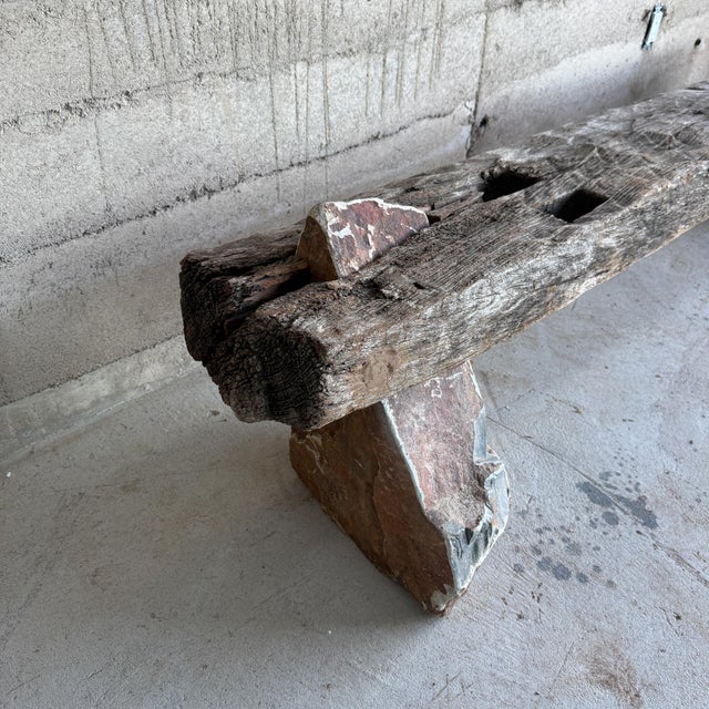 For your consideration, a unique and one of a kind primitive bench , constructed with mesquite wood and solid limestone....