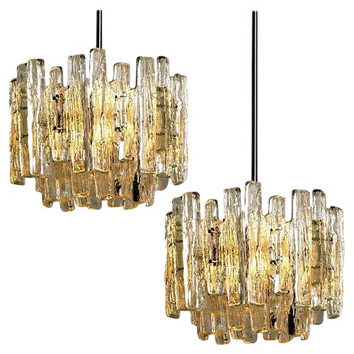 Large 3-Tier Chrome Ice Glass Chandeliers by J.t. Kalmar, Set of 2
