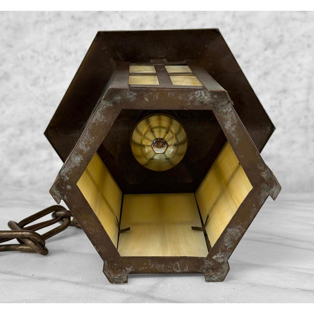 Antique Arts & Crafts Copper & Slag Glass Hanging Pendent Light For Sale - Image 4 of 4