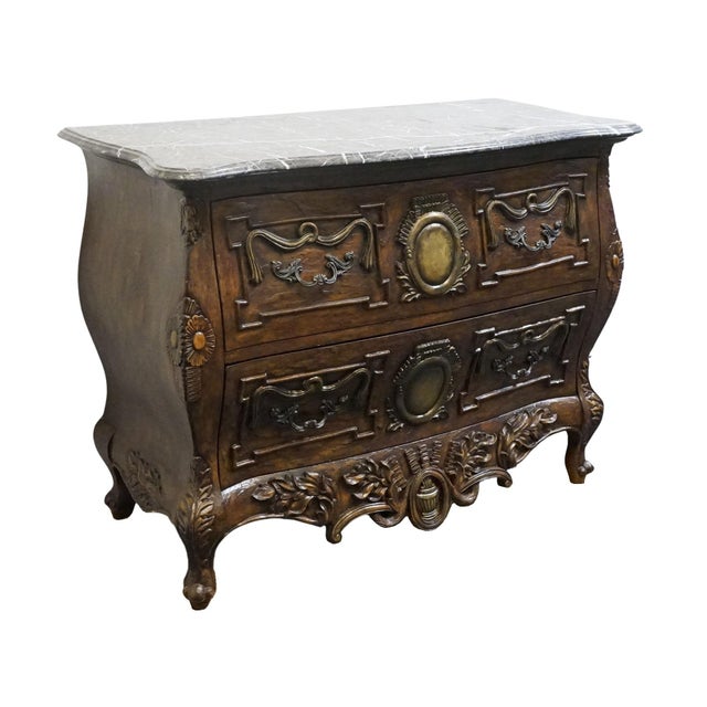 Collezione Europa Walnut French Provincial Louis XV Rococo Style 46" Two Drawer Bombe Chest W. Granite Top For Sale - Image 4 of 12