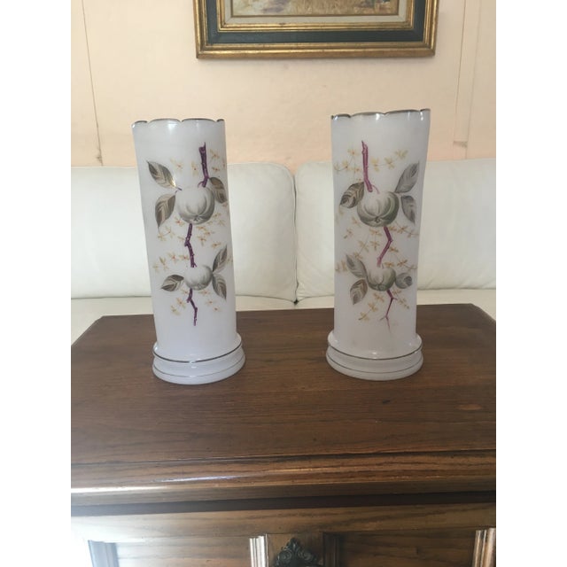 Glass Vintage French Enameled Handpainted Opaline Glass Vases - a Pair For Sale - Image 7 of 7