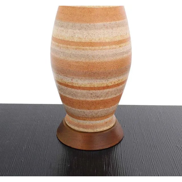 Mid-Century Modern Vase Shape Art Pottery Table Lamps Turned Walnut Bases - a Pair For Sale - Image 3 of 8