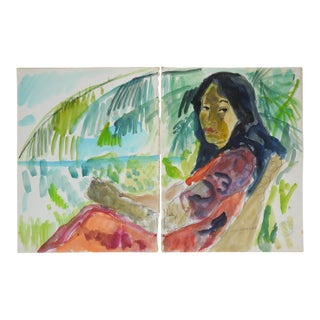 Early 20th Century Portrait of Tahitian Woman Watercolor Diptych Painting For Sale