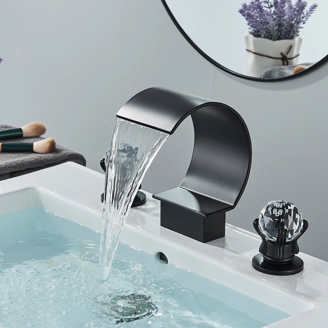 2020s Matte Black 3 Holes Sink Faucet Waterfall Bathroom Basin Vanity Mixer 2 Handle For Sale - Image 5 of 11