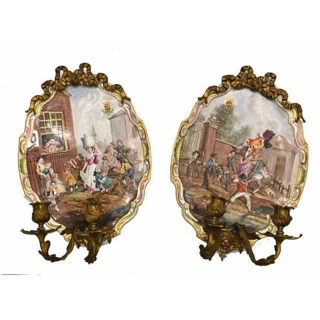 Gorgeous pair of porcelain candelaba plates in the Lille manner Pair of fine quality wall candelabra with ormulo frame and...