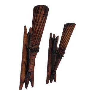 1940s French Gothic Hand Carved Wood Torch Sconces - a Pair For Sale