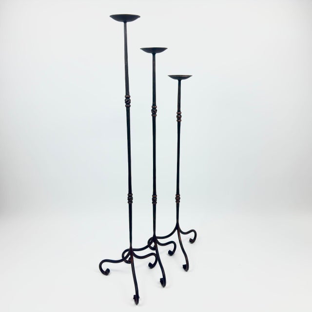Hand Forged Iron Candelabra Set of 3 (90-110cm) Antique Copper Finish Slender Stem with French Scroll Base For Sale - Image 6 of 7