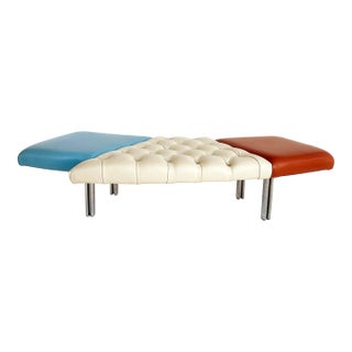 1980s Giorgio Saporiti Design, Il Loft Tufted Leather Bench, Multi-Color Chrome Legs For Sale