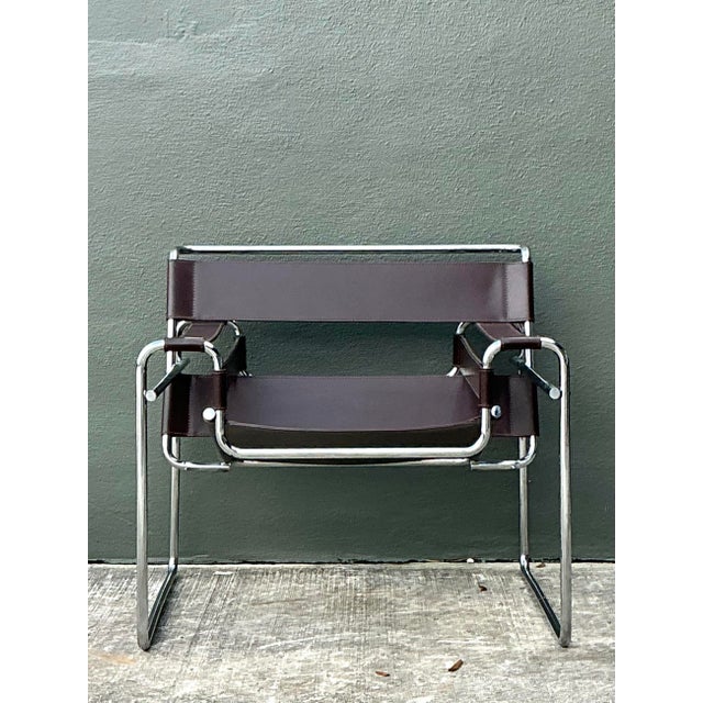 Coffee Vintage Chrome and Leather Lounge Chair After Wassily For Sale - Image 8 of 12