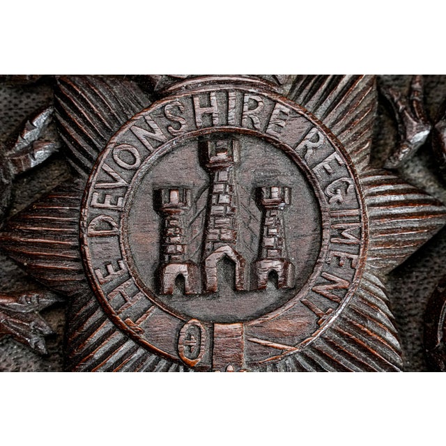 19th Century Victorian Hand-Carved Antique Wood Box Asian Chinese Dragon Motif Devonshire Militaria Regiment Crest For Sale - Image 5 of 18