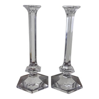 Val Saint-Lambert Signed Belgian Crystal Candlesticks, Pair, 11" Tall, Late 20th Century For Sale
